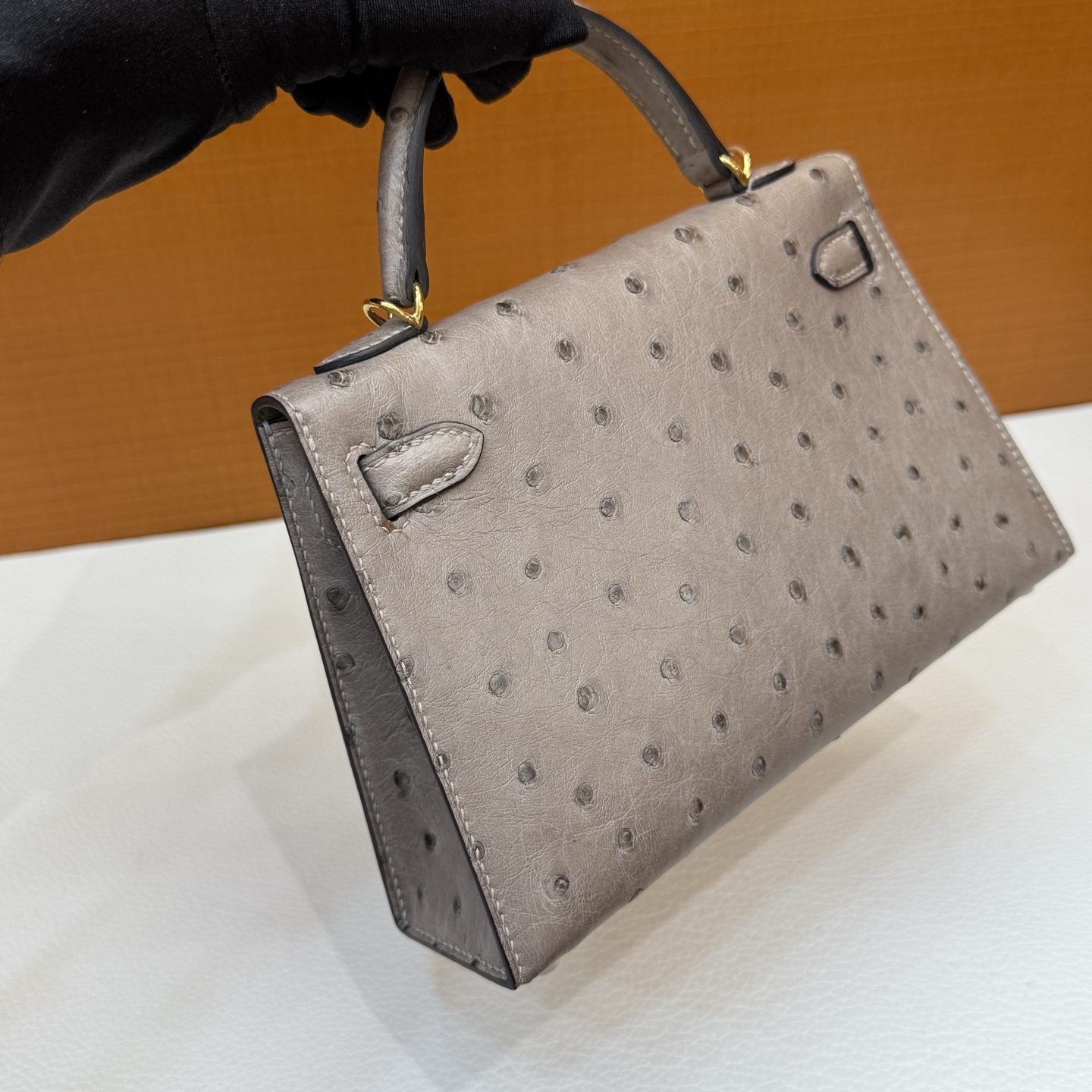 Kelly Mini Ostrich original imported kk ostrich Color: M8 asphalt gray, gold buckle, fully handmade wax stitching - Image 7