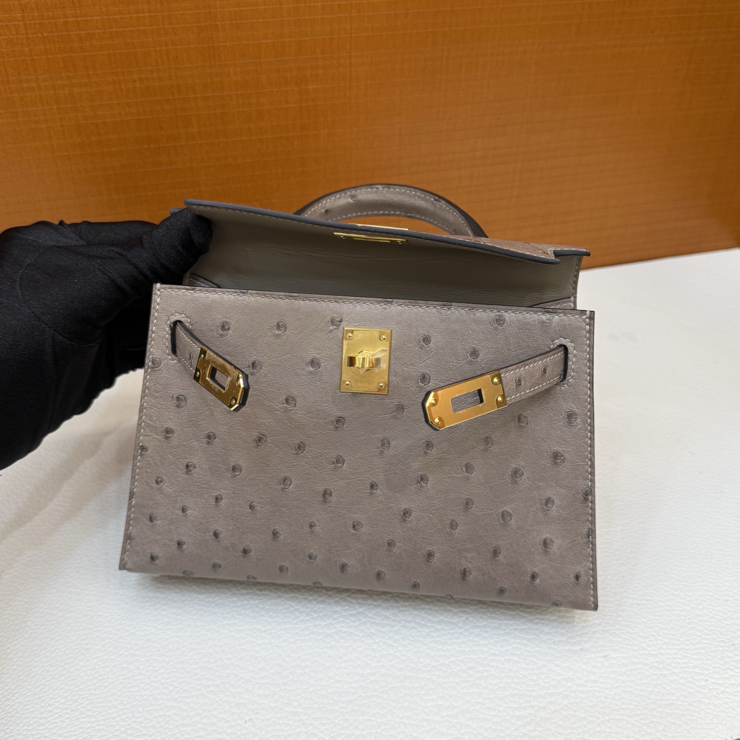 Kelly Mini Ostrich original imported kk ostrich Color: M8 asphalt gray, gold buckle, fully handmade wax stitching - Image 8