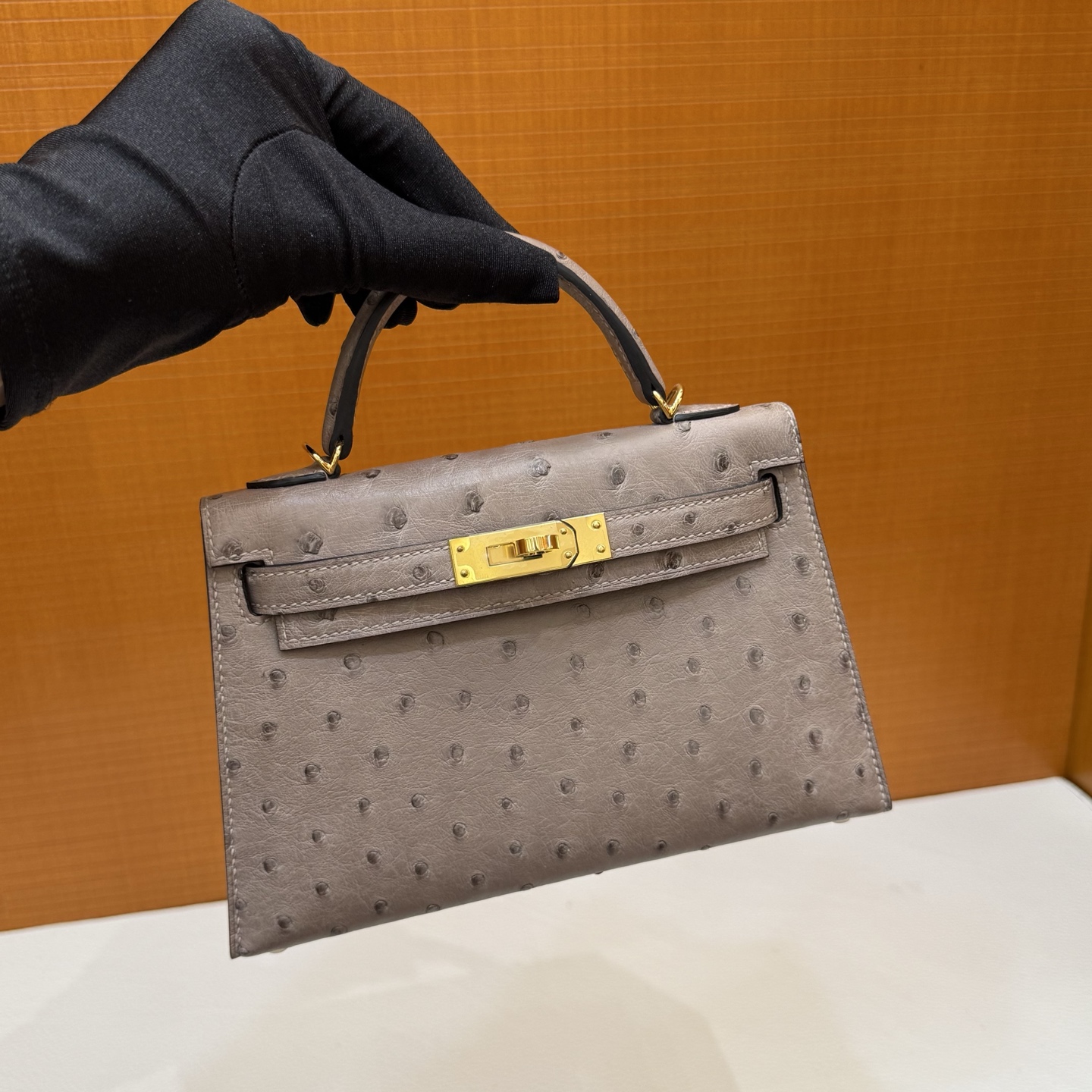 Kelly Mini Ostrich original imported kk ostrich Color: M8 asphalt gray, gold buckle, fully handmade wax stitching - Image 11