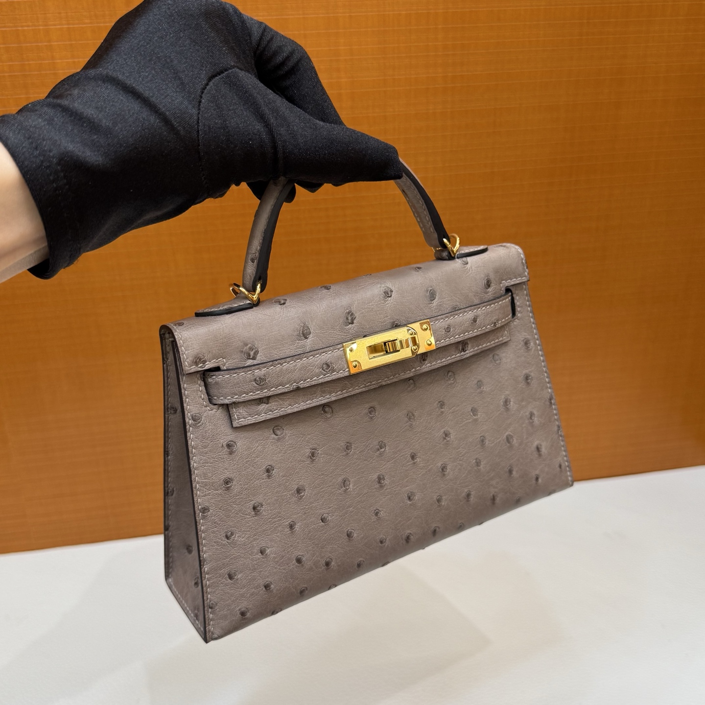Kelly Mini Ostrich original imported kk ostrich Color: M8 asphalt gray, gold buckle, fully handmade wax stitching - Image 12