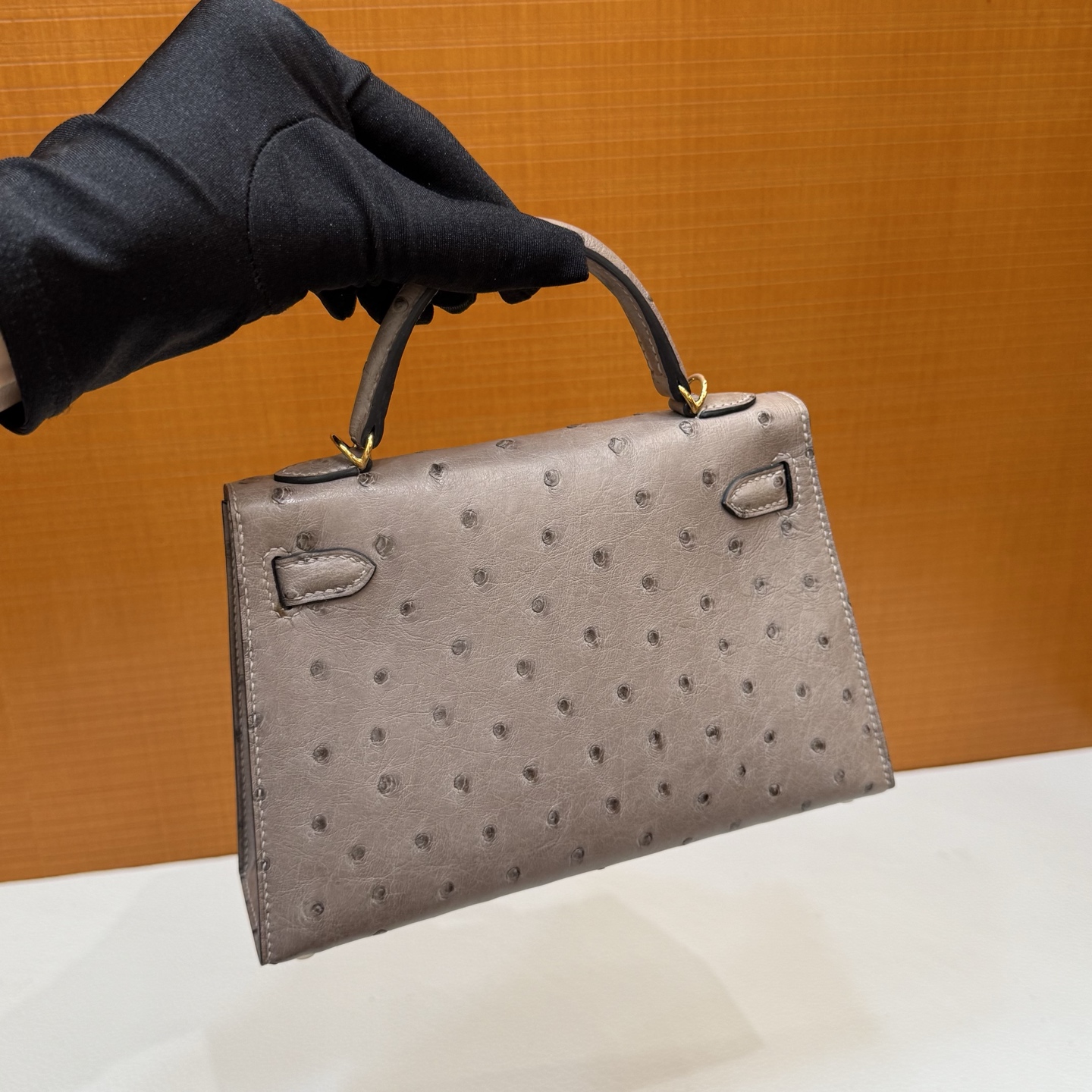Kelly Mini Ostrich original imported kk ostrich Color: M8 asphalt gray, gold buckle, fully handmade wax stitching - Image 13