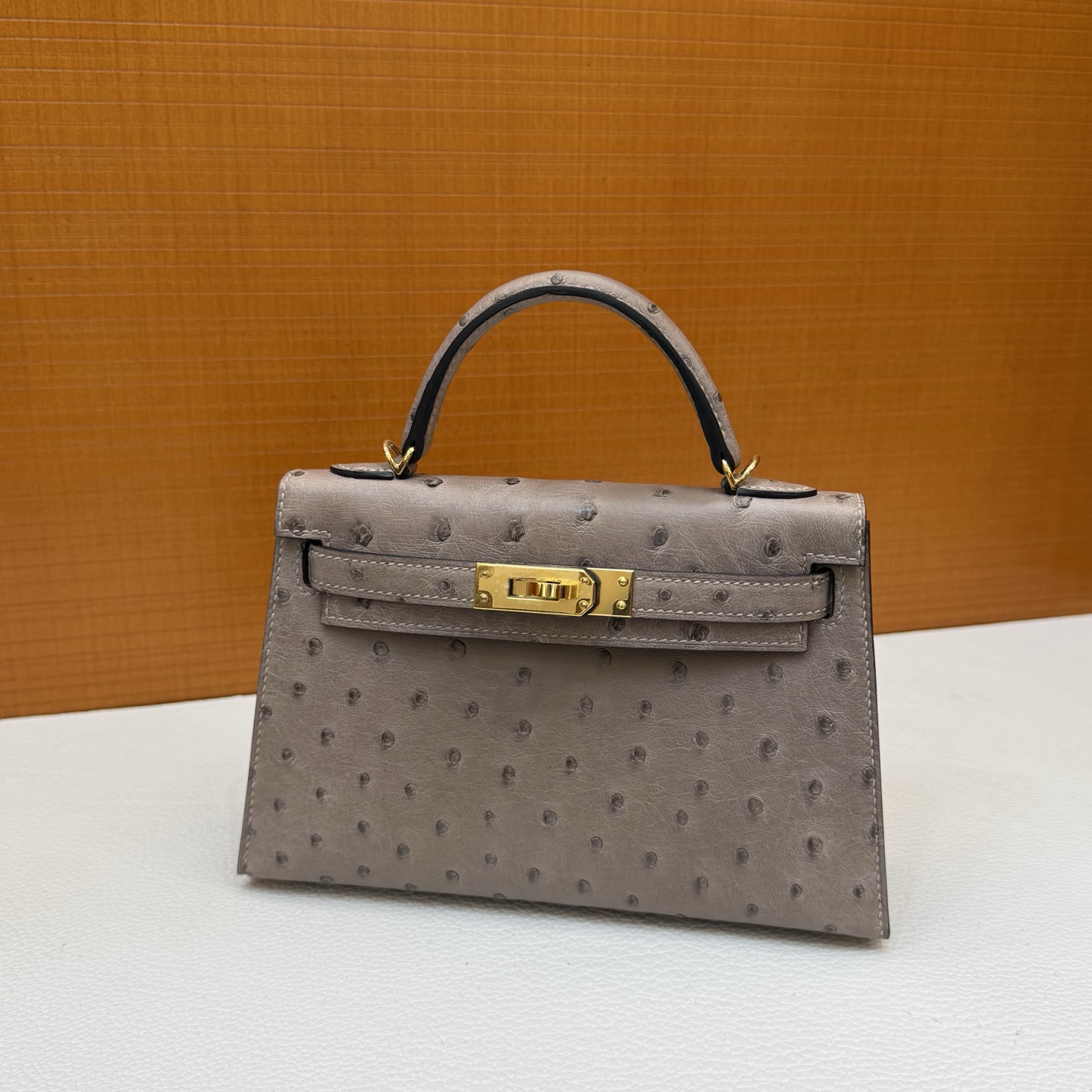 Kelly Mini Ostrich original imported kk ostrich Color: M8 asphalt gray, gold buckle, fully handmade wax stitching - Image 14
