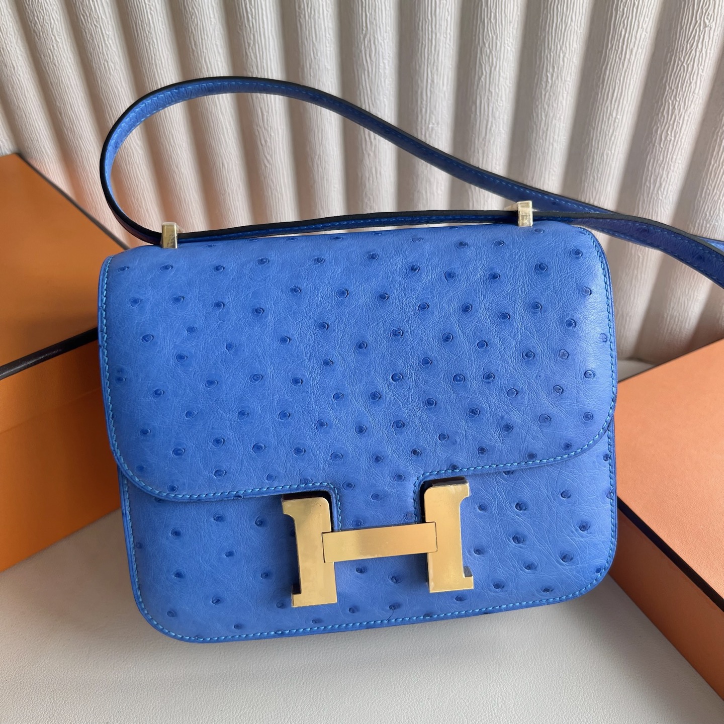 Constance 18cm Ostrich Color: O7 cornflower blue Bleuet, fully handmade wax stitching Gold buckle customized✈️