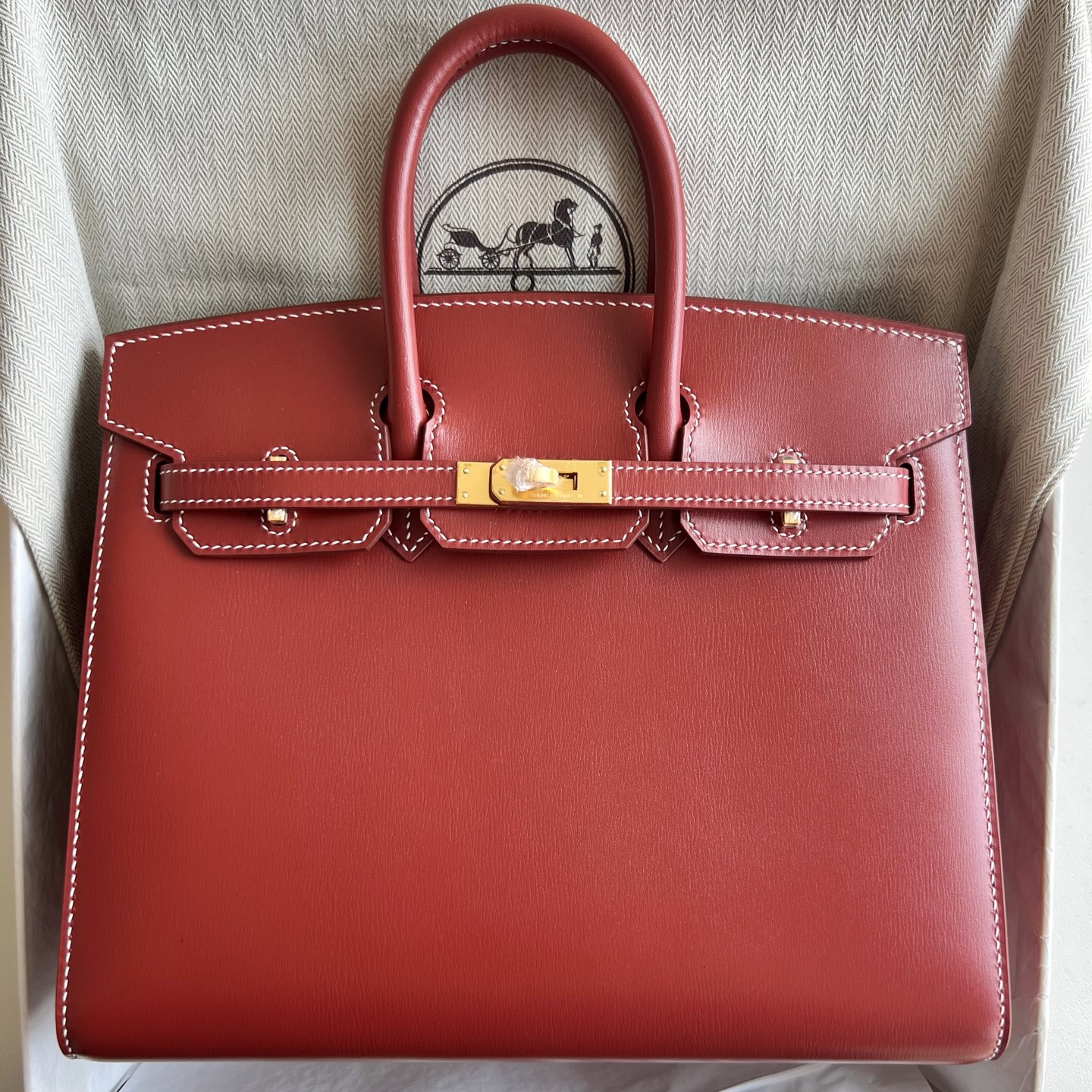 Birkin 25cm Sellier Box Color: Ck36 brick red, Brique gold buckle, fully handmade wax stitching Phw customized✈️ - Image 10