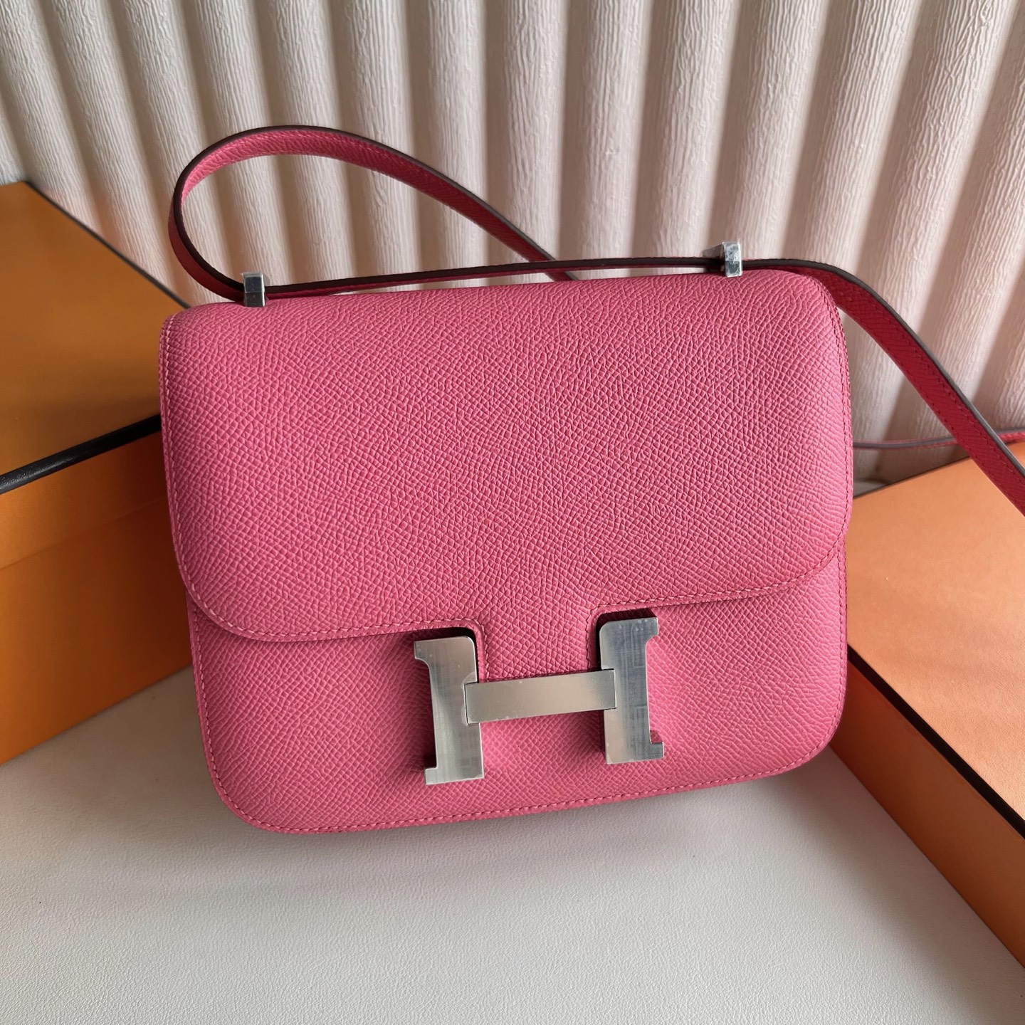 Constance 18cm Epsom Color: 8W new lipstick powder, fully handmade wax thread sewing Silver buckle customized✈️