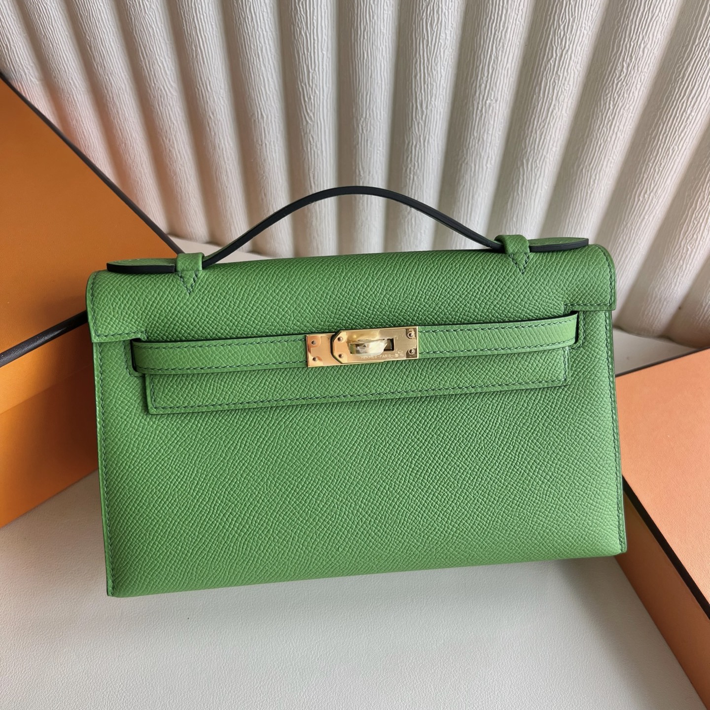 Mini Kelly Pochette 22cm Epsom Color: A8 silk blue and green Vet Yucca fully handmade wax stitching Gold buckle Stock