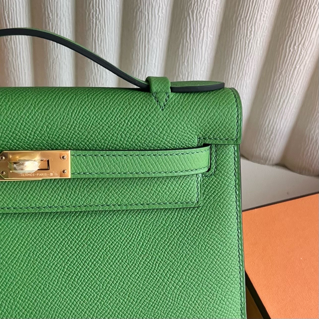 Mini Kelly Pochette 22cm Epsom Color: A8 silk blue and green Vet Yucca fully handmade wax stitching Gold buckle Stock - Image 2