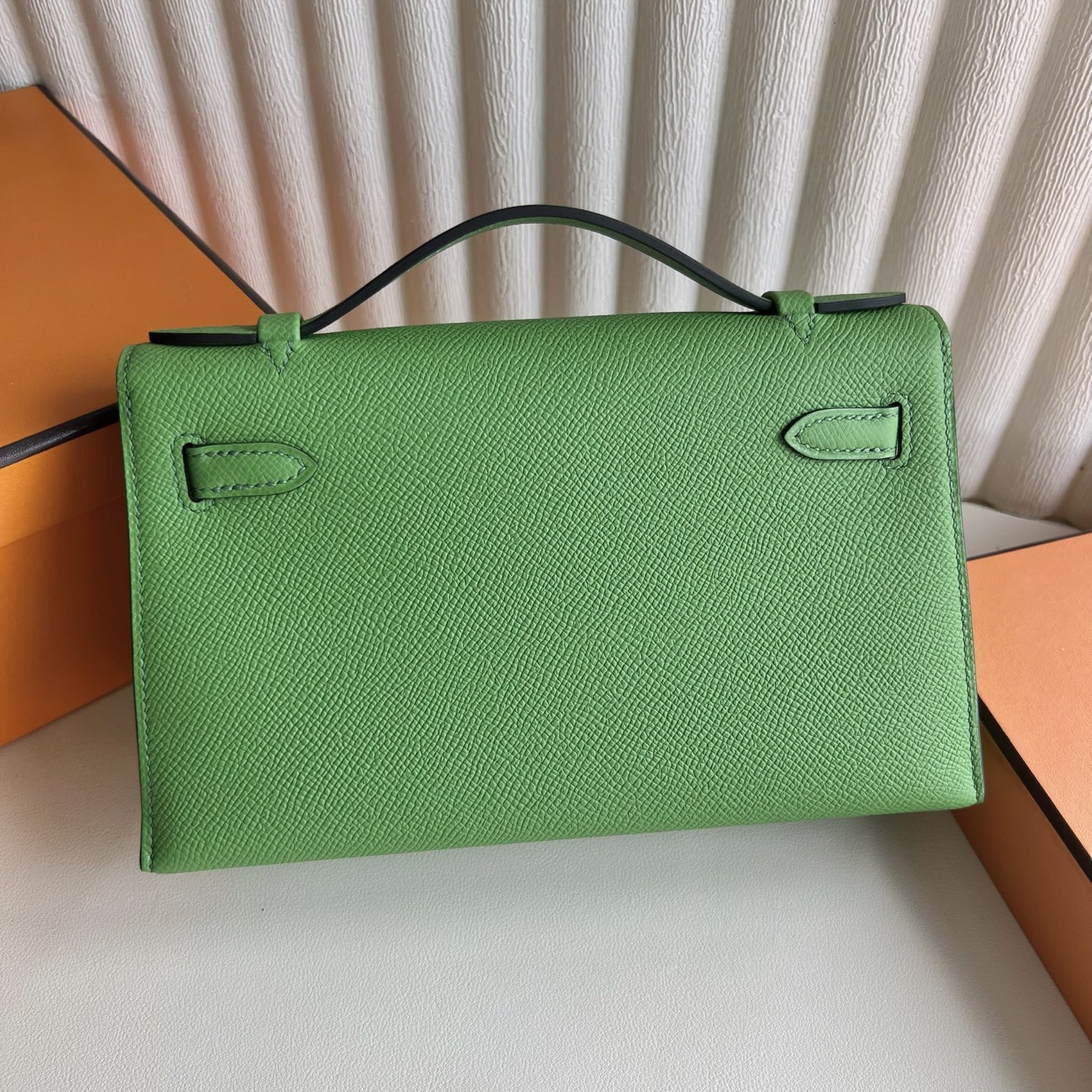 Mini Kelly Pochette 22cm Epsom Color: A8 silk blue and green Vet Yucca fully handmade wax stitching Gold buckle Stock - Image 4