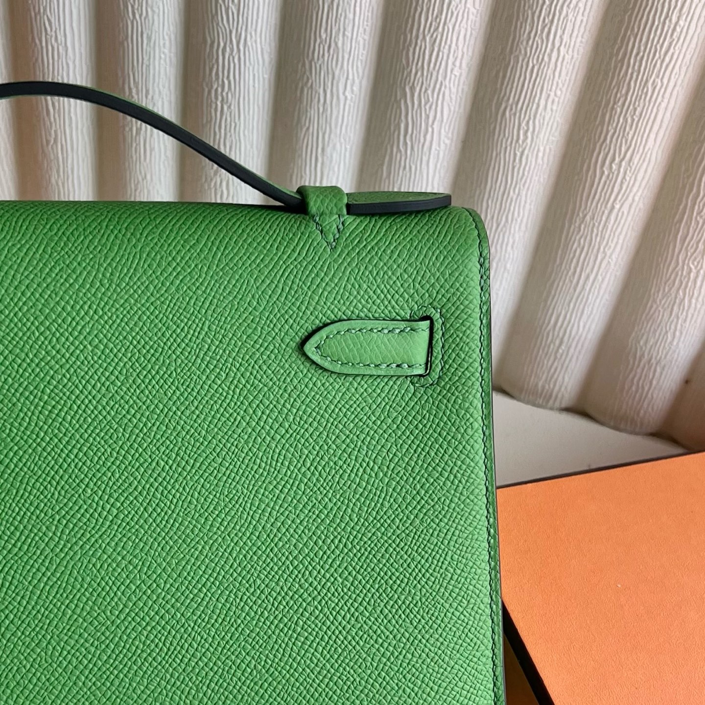 Mini Kelly Pochette 22cm Epsom Color: A8 silk blue and green Vet Yucca fully handmade wax stitching Gold buckle Stock - Image 5