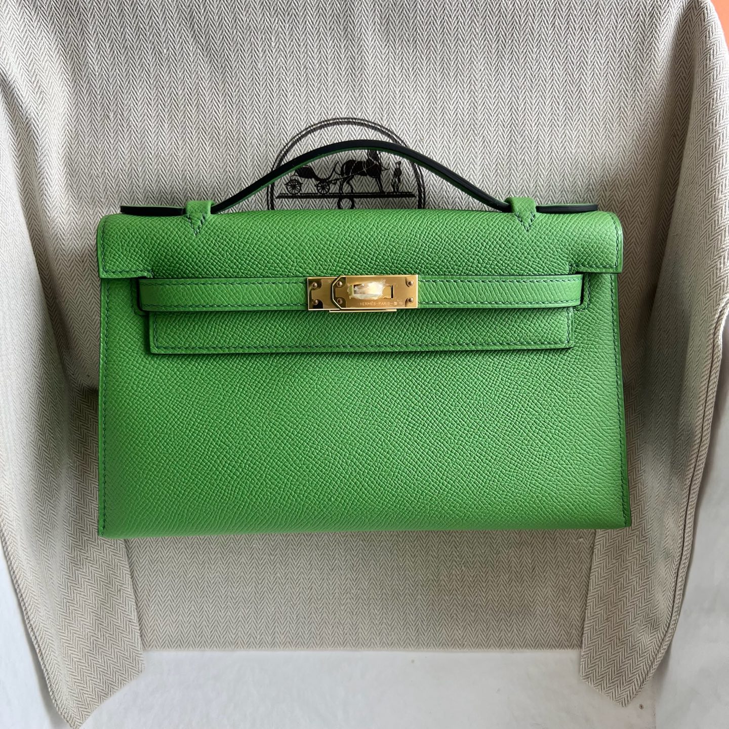 Mini Kelly Pochette 22cm Epsom Color: A8 silk blue and green Vet Yucca fully handmade wax stitching Gold buckle Stock - Image 9