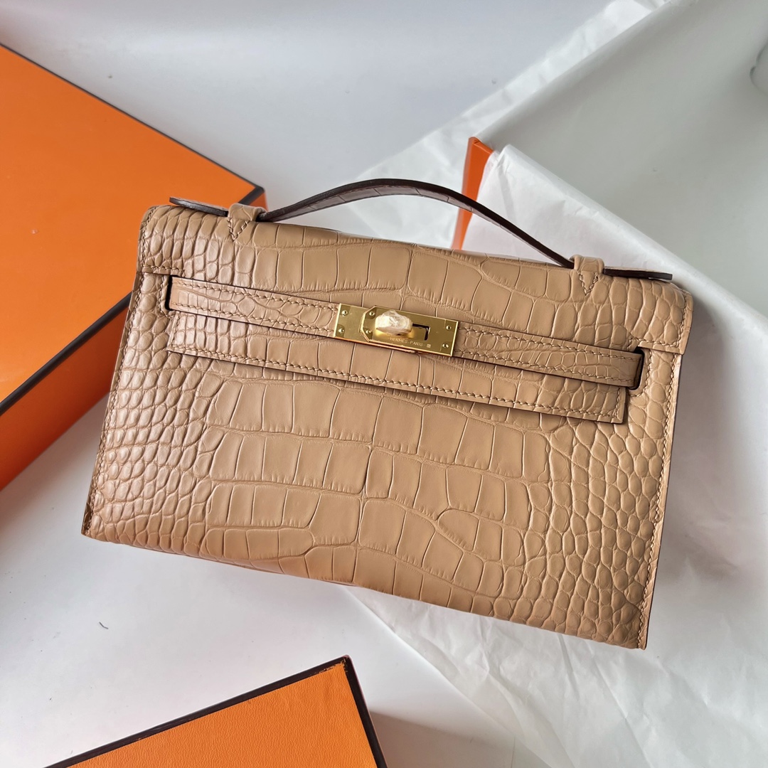Mini Kelly Pochette 22cm matte American crocodile 0M milk tea color Chai gold buckle fully handmade wax stitching Ghw customized✈️ - Image 2