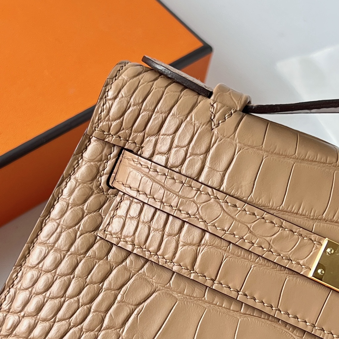 Mini Kelly Pochette 22cm matte American crocodile 0M milk tea color Chai gold buckle fully handmade wax stitching Ghw customized✈️ - Image 3