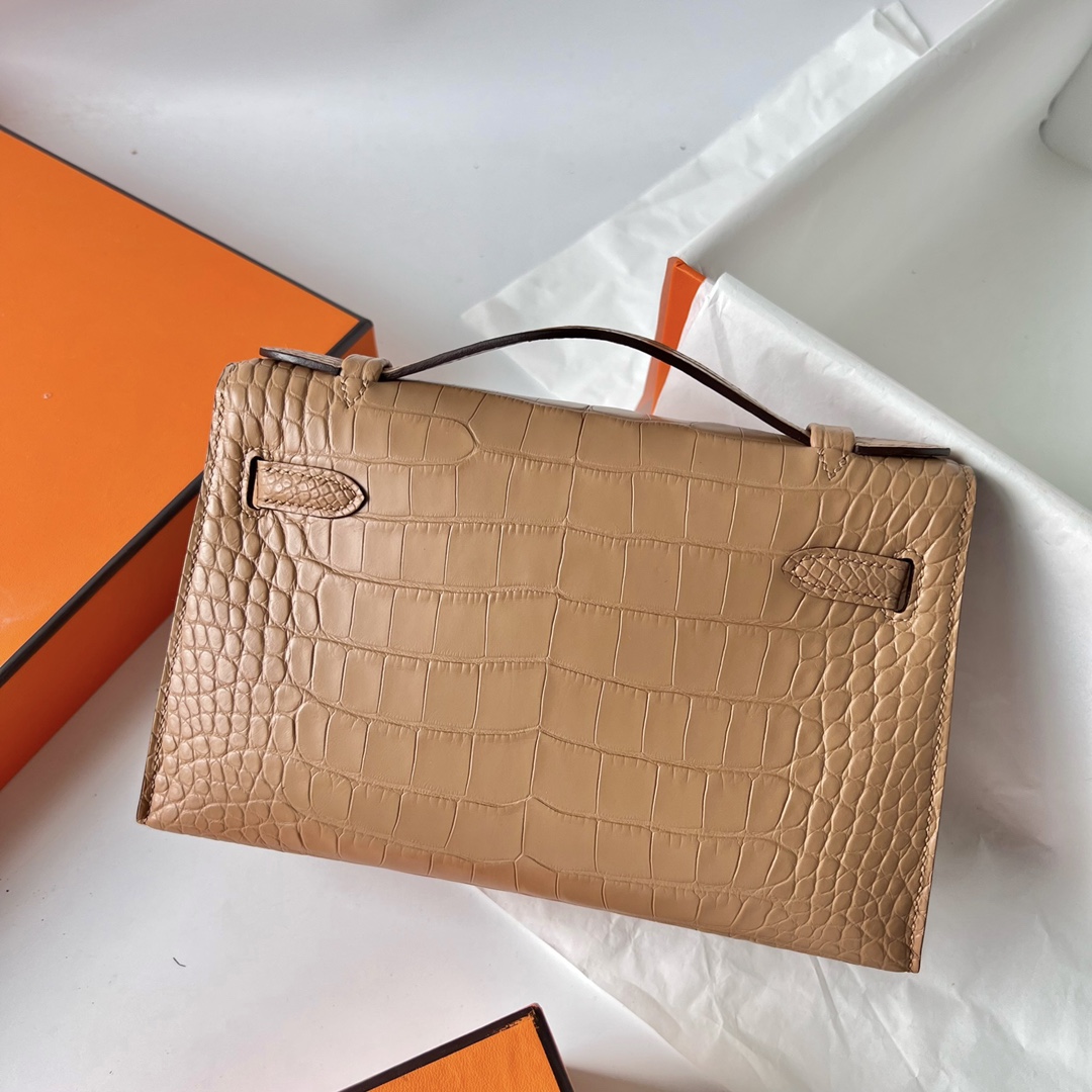 Mini Kelly Pochette 22cm matte American crocodile 0M milk tea color Chai gold buckle fully handmade wax stitching Ghw customized✈️ - Image 5