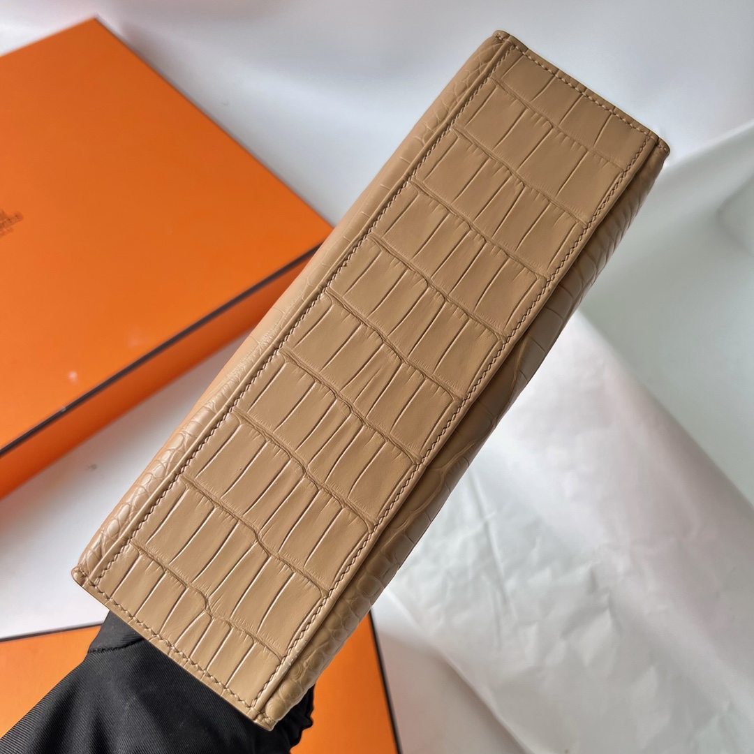 Mini Kelly Pochette 22cm matte American crocodile 0M milk tea color Chai gold buckle fully handmade wax stitching Ghw customized✈️ - Image 9