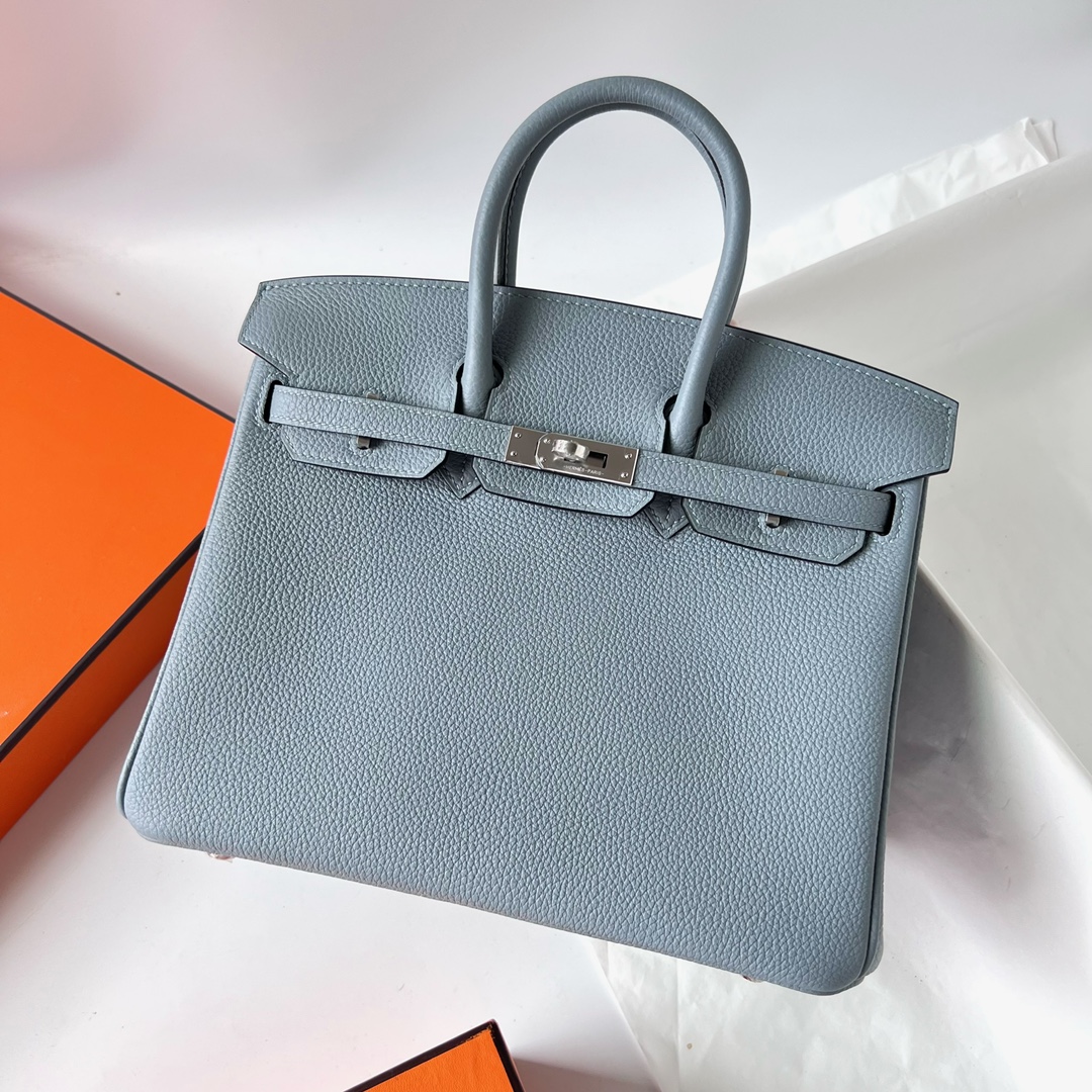 Birkin 25cm Togo J7 linen blue inner stitching D0 Weimaraner beige silver buckle fully handmade wax stitching Phw customized✈️