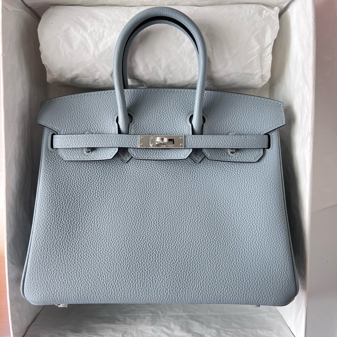 Birkin 25cm Togo J7 linen blue inner stitching D0 Weimaraner beige silver buckle fully handmade wax stitching Phw customized✈️ - Image 9