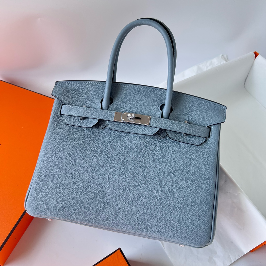 Birkin 30cm Togo J7 linen blue inner stitching D0 Weimaraner beige silver buckle fully handmade wax stitching Phw customized✈️