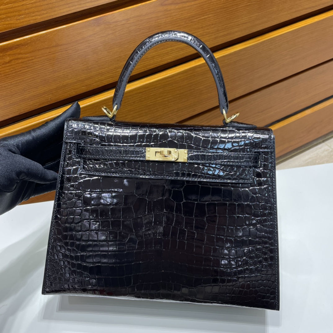 Kelly 25cm shiny inverted v Australian crocodile 89 black gold buckle fully handmade wax thread shiny porosus crocodile ghw stock