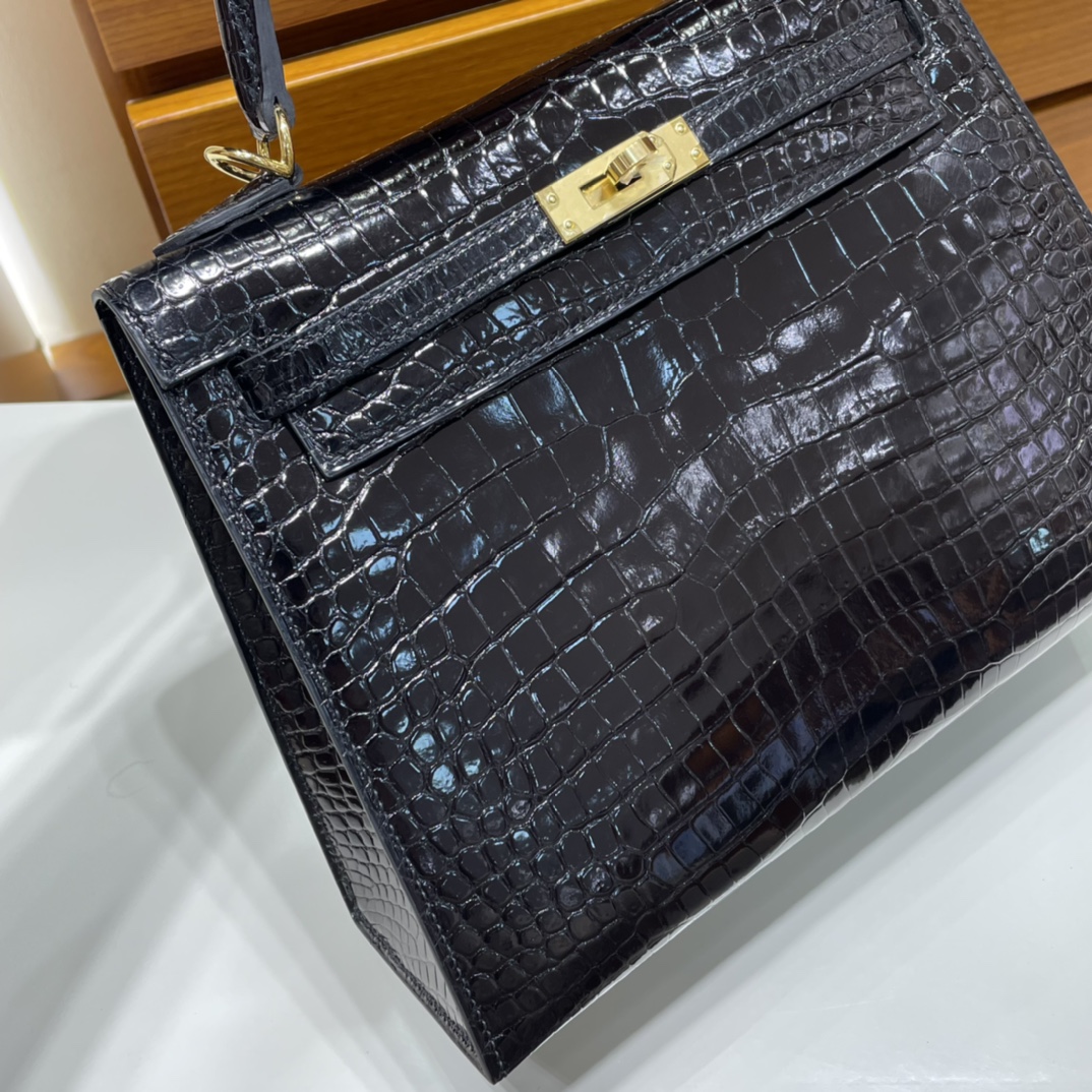 Kelly 25cm shiny inverted v Australian crocodile 89 black gold buckle fully handmade wax thread shiny porosus crocodile ghw stock - Image 2