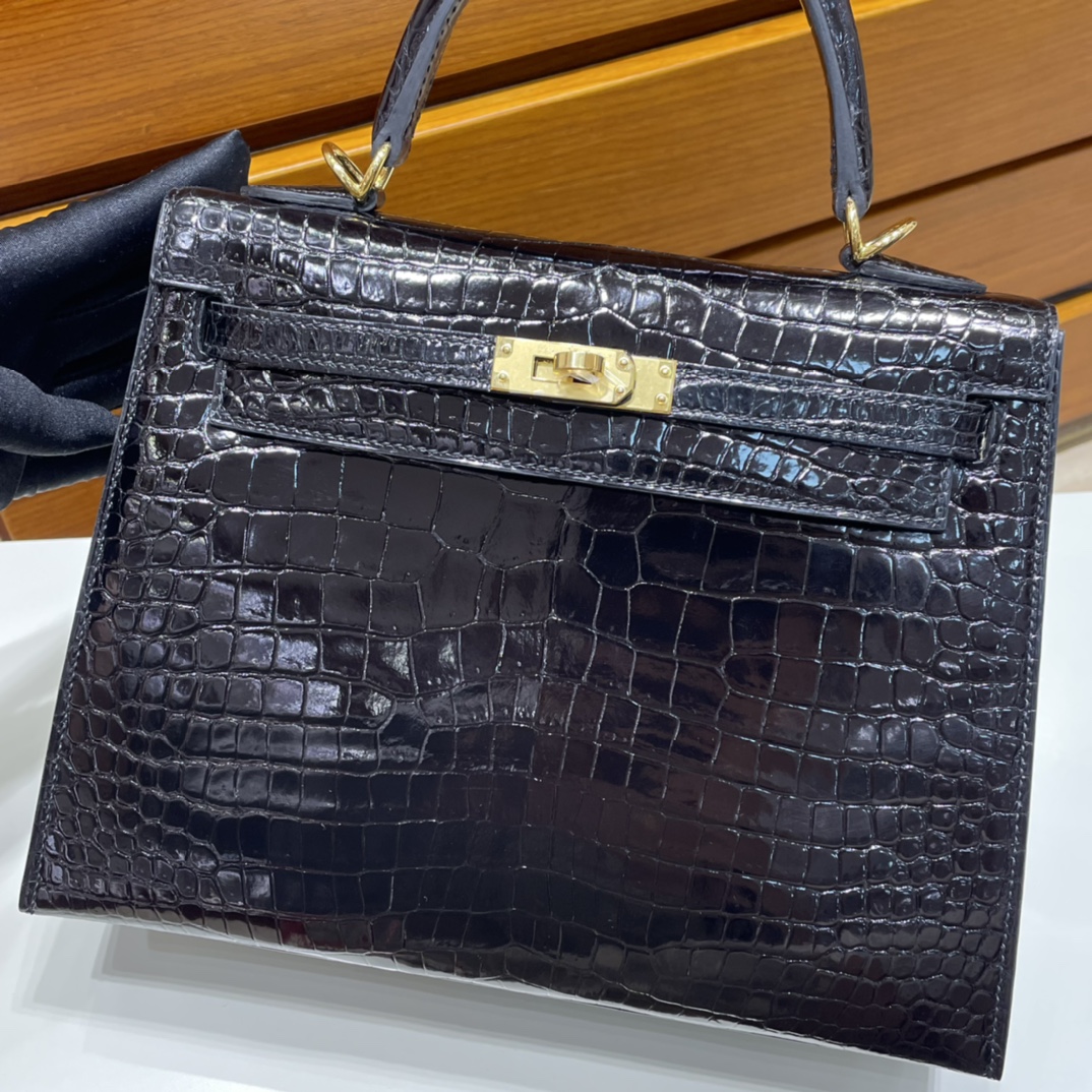 Kelly 25cm shiny inverted v Australian crocodile 89 black gold buckle fully handmade wax thread shiny porosus crocodile ghw stock - Image 3