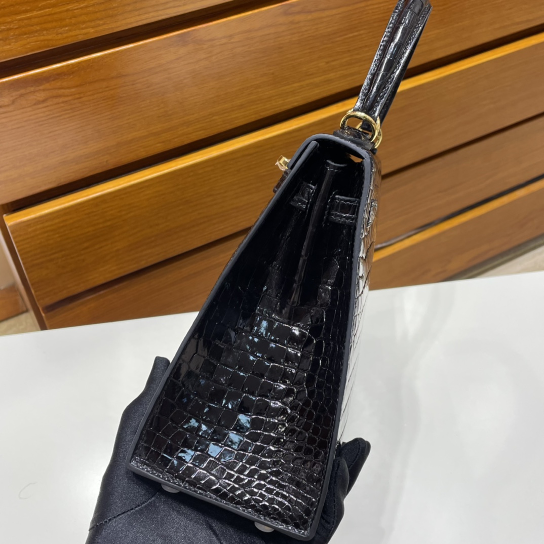 Kelly 25cm shiny inverted v Australian crocodile 89 black gold buckle fully handmade wax thread shiny porosus crocodile ghw stock - Image 4