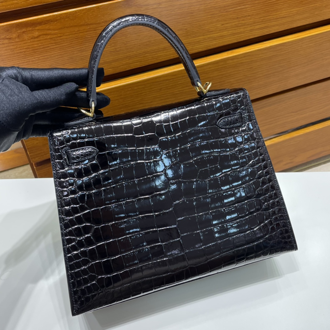 Kelly 25cm shiny inverted v Australian crocodile 89 black gold buckle fully handmade wax thread shiny porosus crocodile ghw stock - Image 5