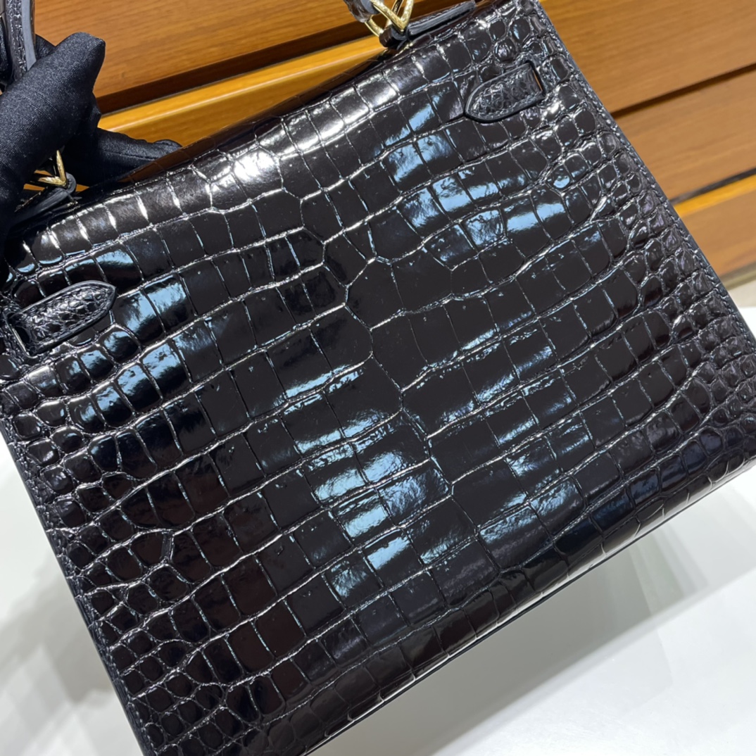 Kelly 25cm shiny inverted v Australian crocodile 89 black gold buckle fully handmade wax thread shiny porosus crocodile ghw stock - Image 6