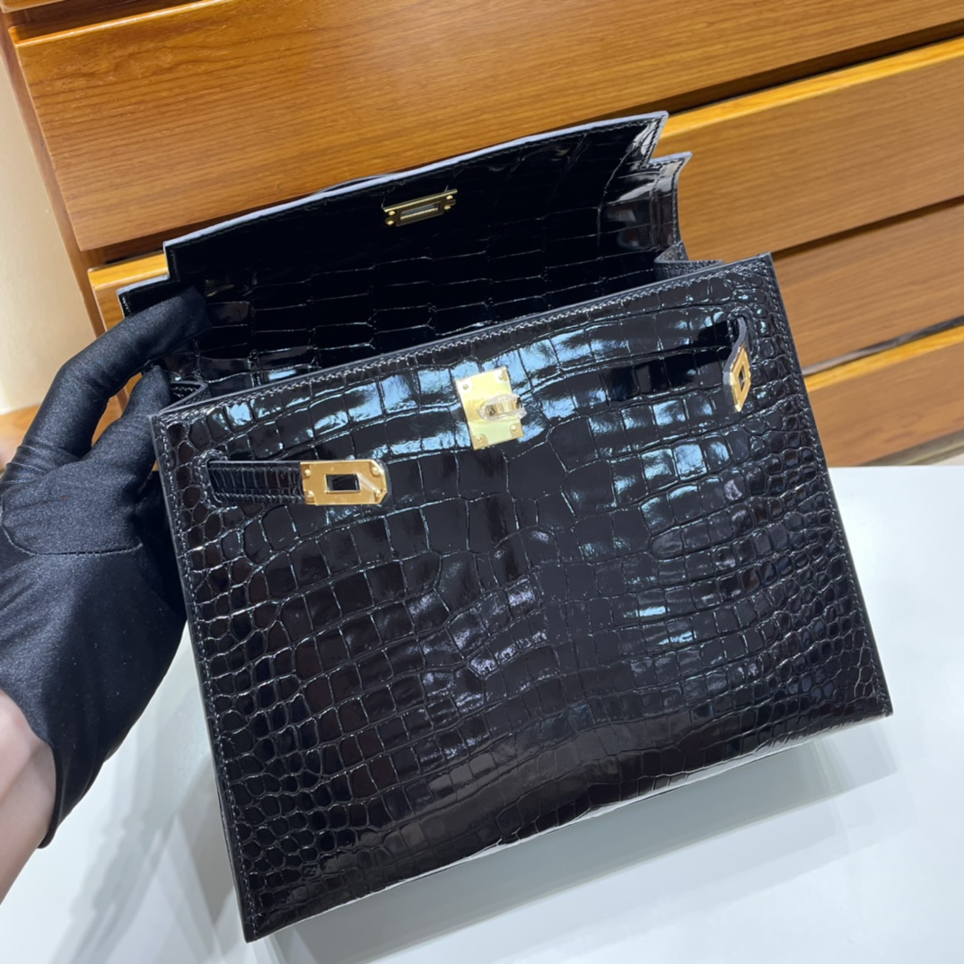 Kelly 25cm shiny inverted v Australian crocodile 89 black gold buckle fully handmade wax thread shiny porosus crocodile ghw stock - Image 8