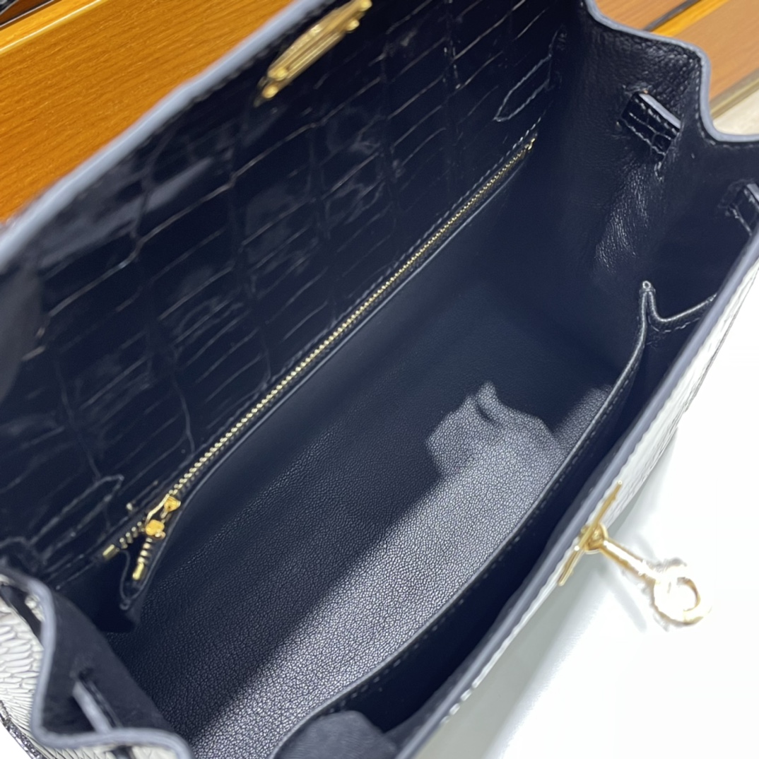 Kelly 25cm shiny inverted v Australian crocodile 89 black gold buckle fully handmade wax thread shiny porosus crocodile ghw stock - Image 9