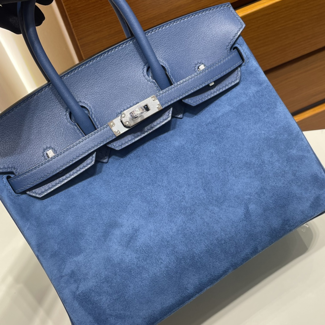 Birkin 25cm Grizzly Swift with Suede O8 Royal Blue Silver Buckle Fully Handmade Wax Thread Phw Stock - Image 2