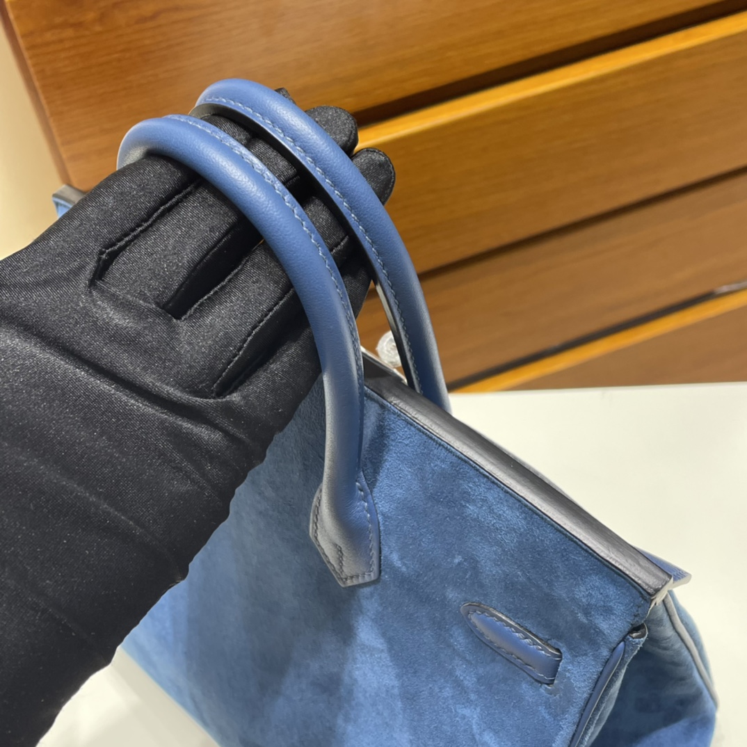 Birkin 25cm Grizzly Swift with Suede O8 Royal Blue Silver Buckle Fully Handmade Wax Thread Phw Stock - Image 3