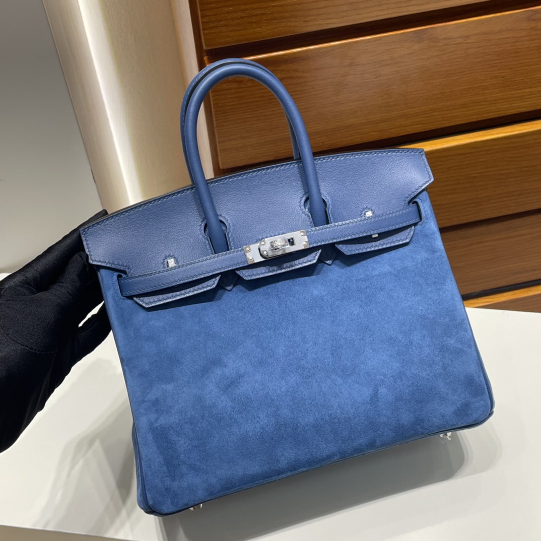 Birkin 25cm Grizzly Swift with Suede O8 Royal Blue Silver Buckle Fully Handmade Wax Thread Phw Stock