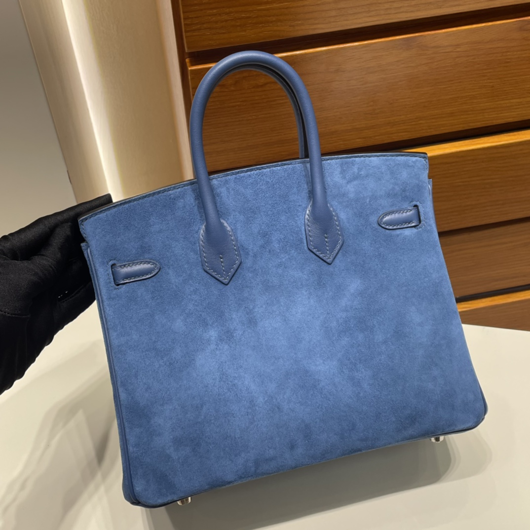 Birkin 25cm Grizzly Swift with Suede O8 Royal Blue Silver Buckle Fully Handmade Wax Thread Phw Stock - Image 4