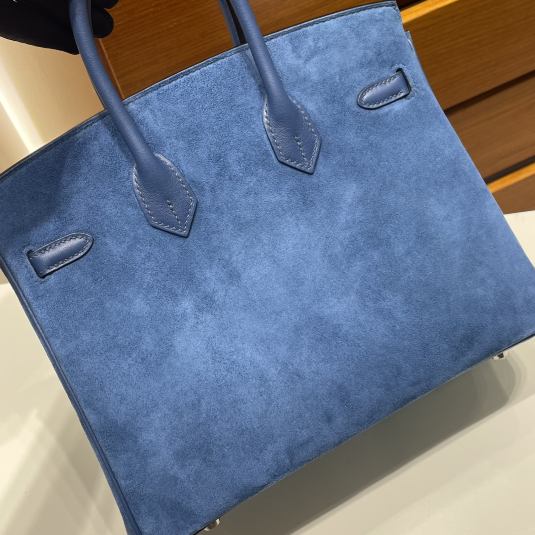 Birkin 25cm Grizzly Swift with Suede O8 Royal Blue Silver Buckle Fully Handmade Wax Thread Phw Stock - Image 5