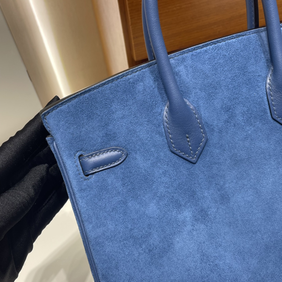 Birkin 25cm Grizzly Swift with Suede O8 Royal Blue Silver Buckle Fully Handmade Wax Thread Phw Stock - Image 6