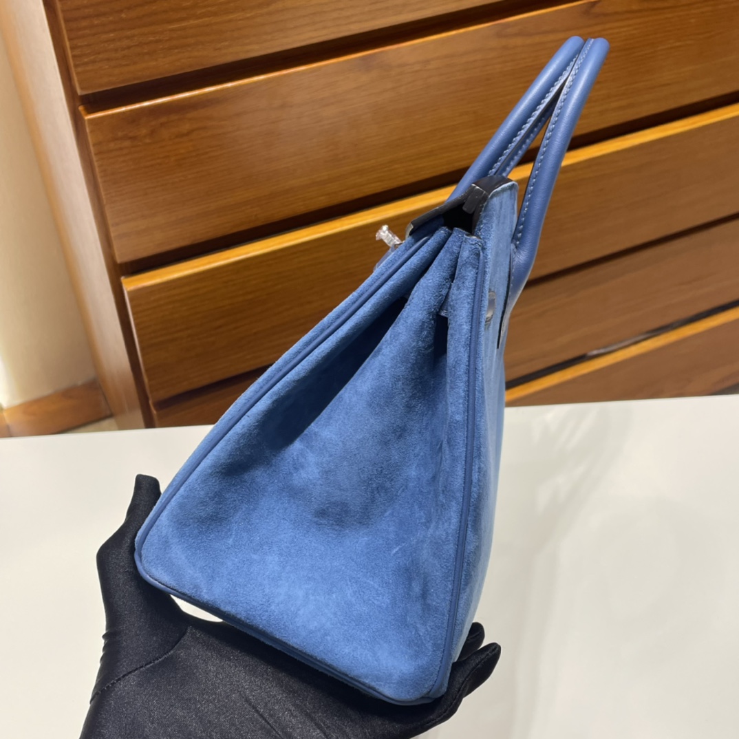 Birkin 25cm Grizzly Swift with Suede O8 Royal Blue Silver Buckle Fully Handmade Wax Thread Phw Stock - Image 7