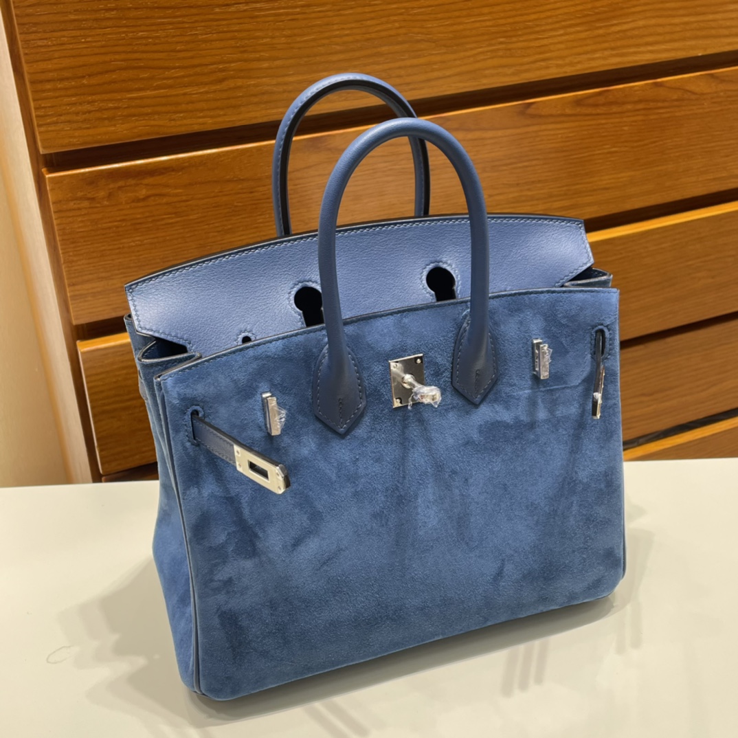 Birkin 25cm Grizzly Swift with Suede O8 Royal Blue Silver Buckle Fully Handmade Wax Thread Phw Stock - Image 9
