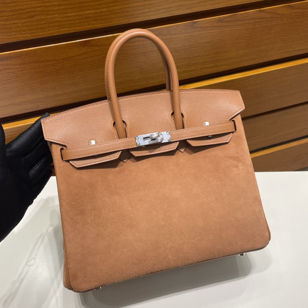 Birkin 25cm Grizzly Swift with Suede Ck37 golden brown silver buckle fully handmade wax stitching Phw Stock