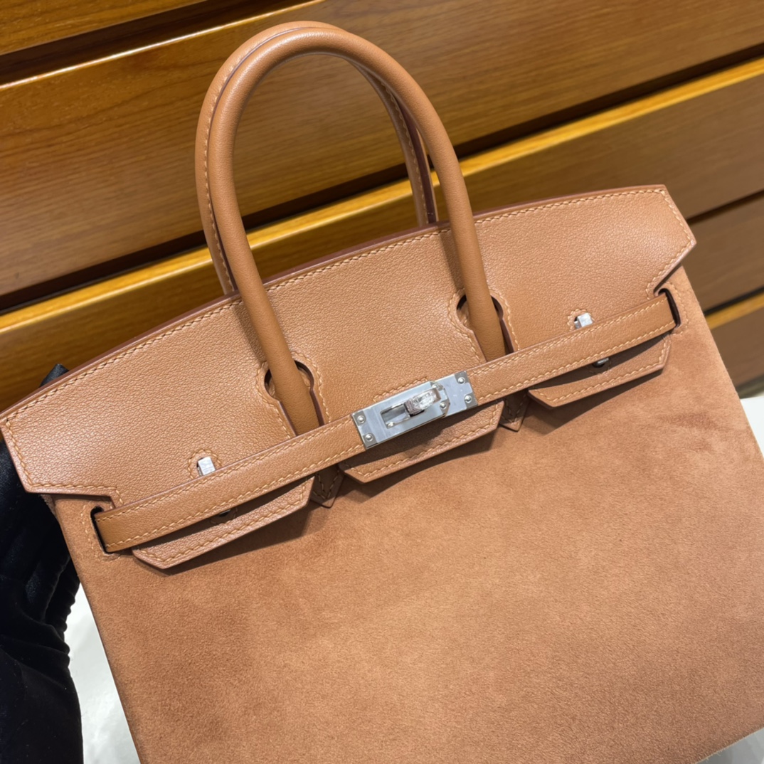 Birkin 25cm Grizzly Swift with Suede Ck37 golden brown silver buckle fully handmade wax stitching Phw Stock - Image 2