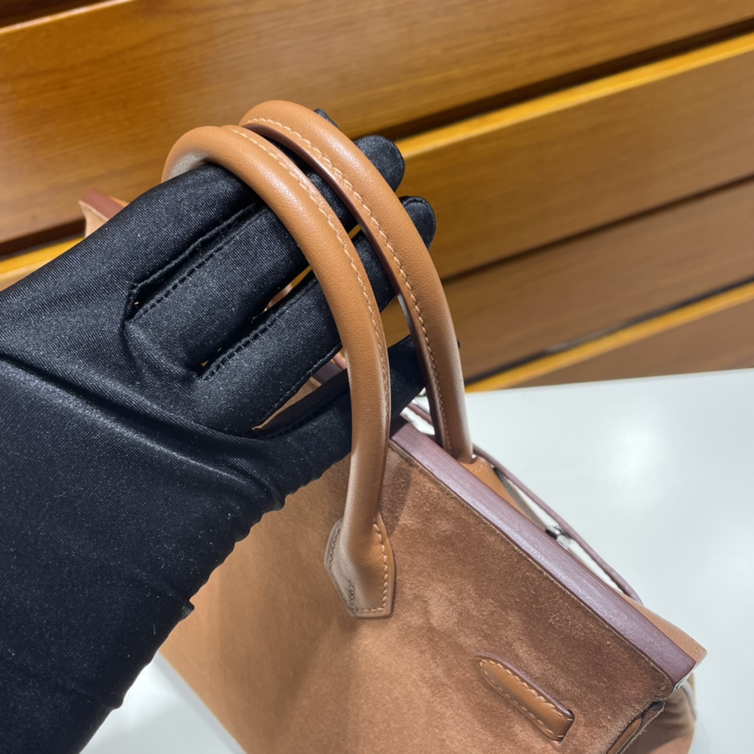 Birkin 25cm Grizzly Swift with Suede Ck37 golden brown silver buckle fully handmade wax stitching Phw Stock - Image 3