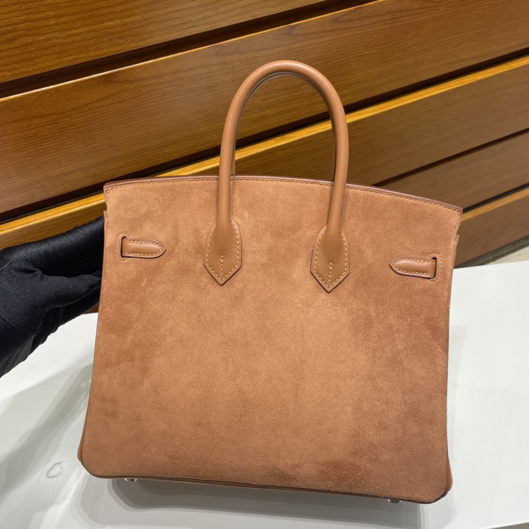 Birkin 25cm Grizzly Swift with Suede Ck37 golden brown silver buckle fully handmade wax stitching Phw Stock - Image 4