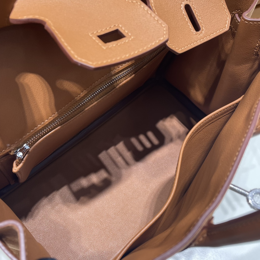 Birkin 25cm Grizzly Swift with Suede Ck37 golden brown silver buckle fully handmade wax stitching Phw Stock - Image 5