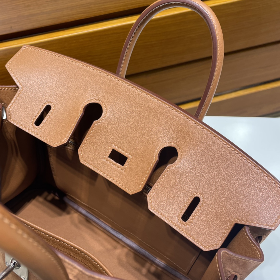 Birkin 25cm Grizzly Swift with Suede Ck37 golden brown silver buckle fully handmade wax stitching Phw Stock - Image 6