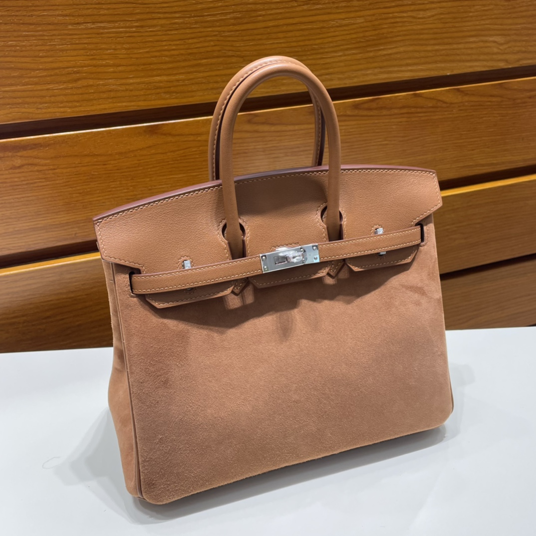 Birkin 25cm Grizzly Swift with Suede Ck37 golden brown silver buckle fully handmade wax stitching Phw Stock - Image 8