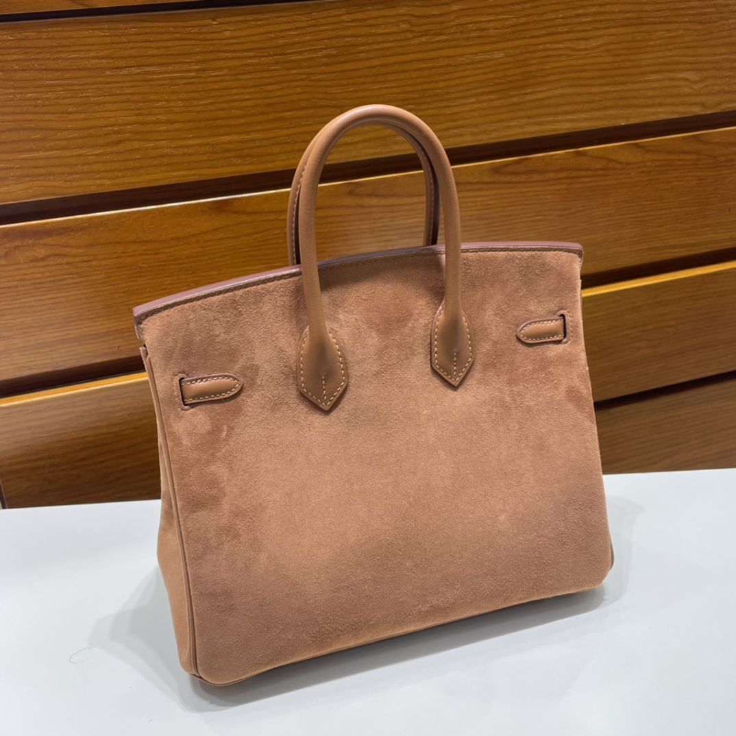 Birkin 25cm Grizzly Swift with Suede Ck37 golden brown silver buckle fully handmade wax stitching Phw Stock - Image 9