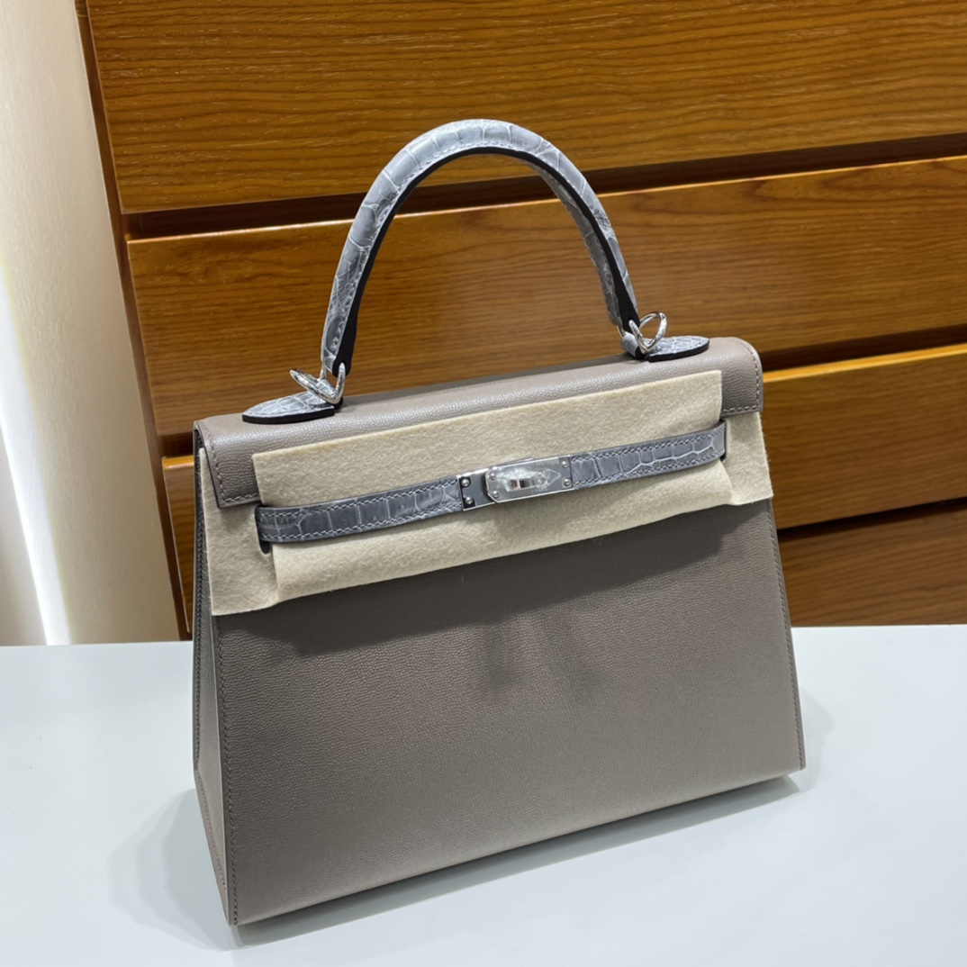 Kelly 25cm Madame leather patchwork/glossy Nile crocodile Silver buckle customized✈️