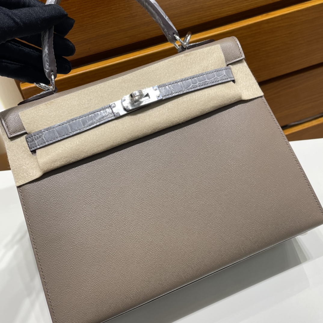 Kelly 25cm Madame leather patchwork/glossy Nile crocodile Silver buckle customized✈️ - Image 3