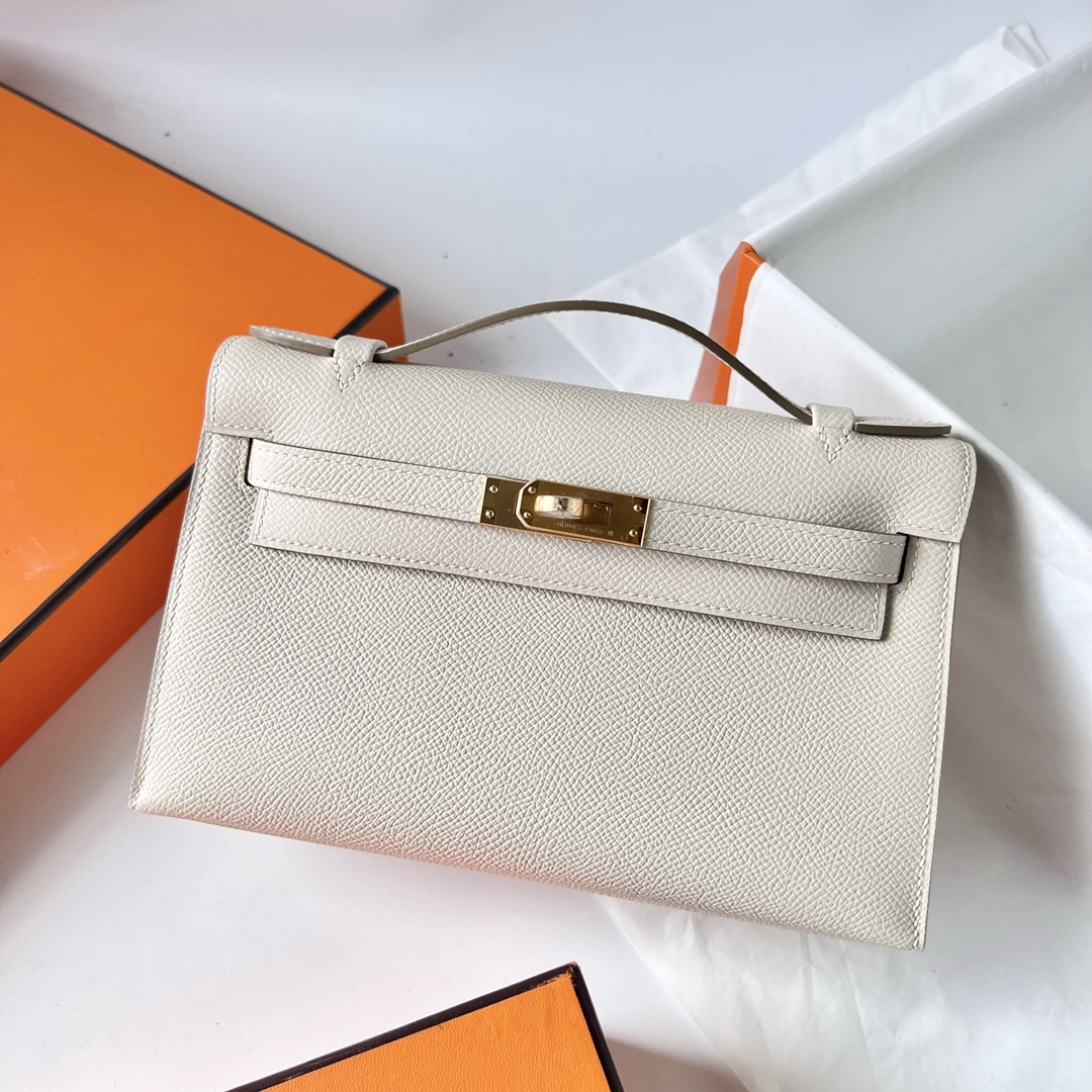 Kelly Pochette 22cm Epsom 10 milkshake white Craie gold buckle fully handmade wax stitching Ghw