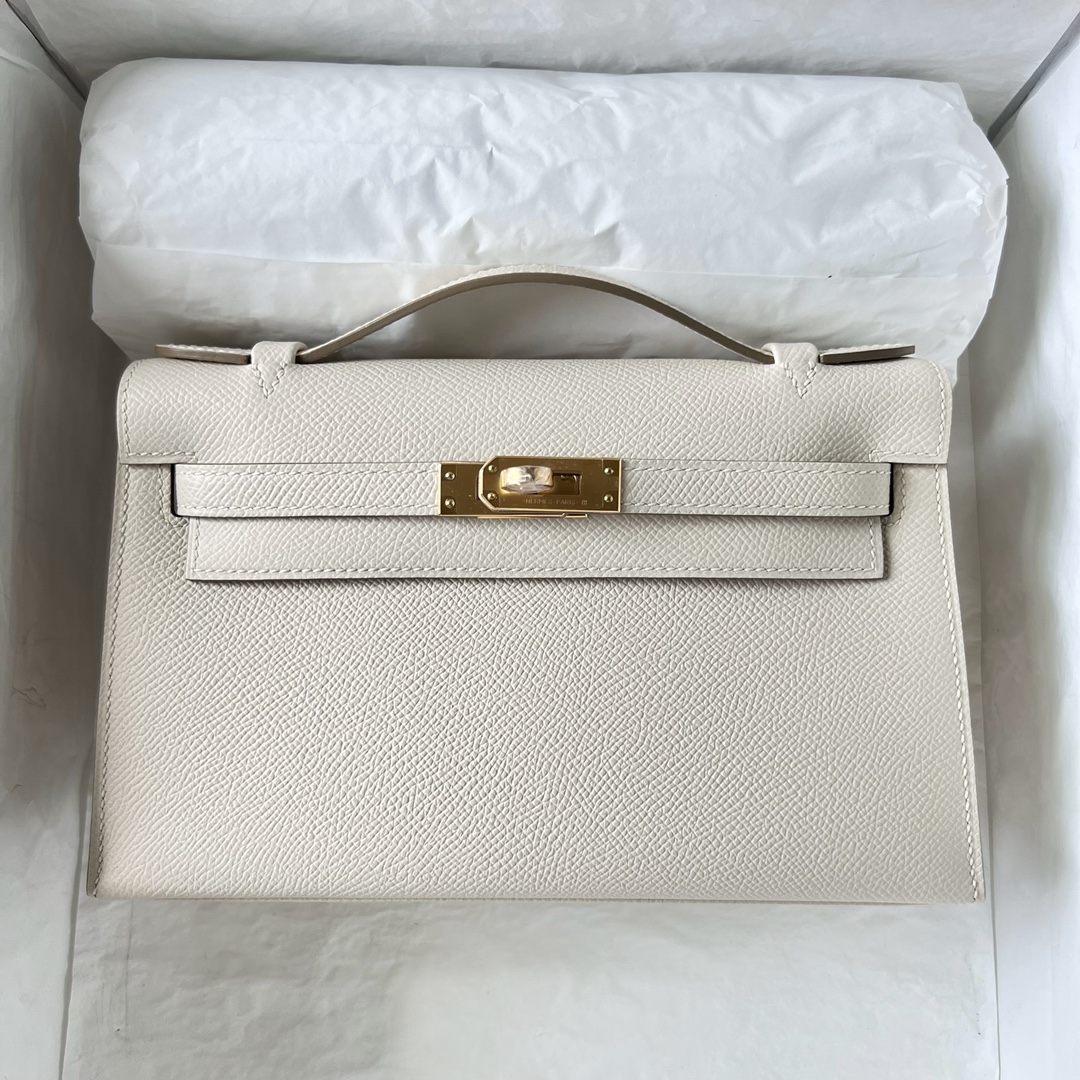 Kelly Pochette 22cm Epsom 10 milkshake white Craie gold buckle fully handmade wax stitching Ghw - Image 9