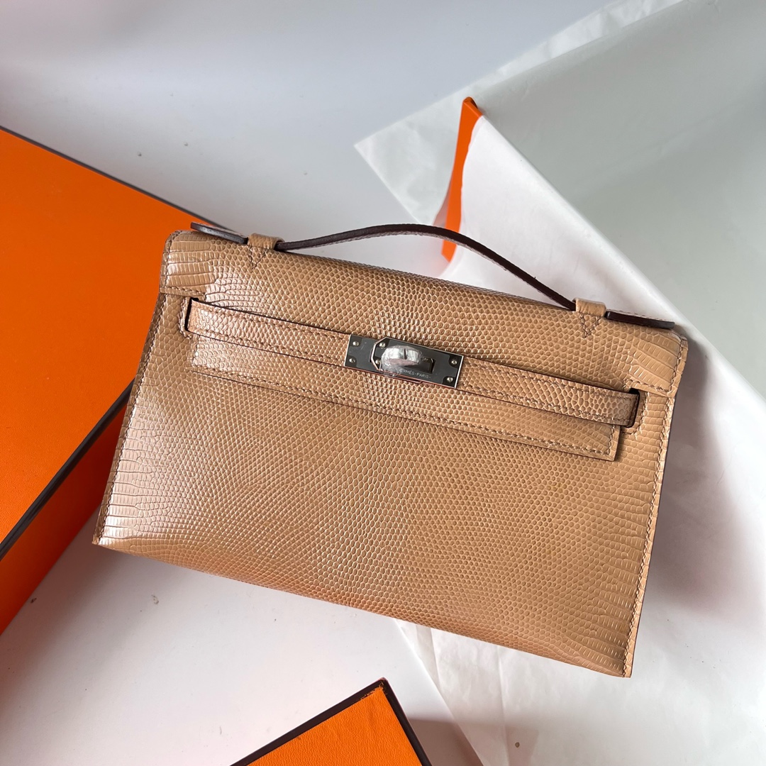Mini Kelly Pochette 22cm Lizard imported lizard skin 0M milk tea color Chai silver buckle fully handmade wax stitching Phw customized✈️